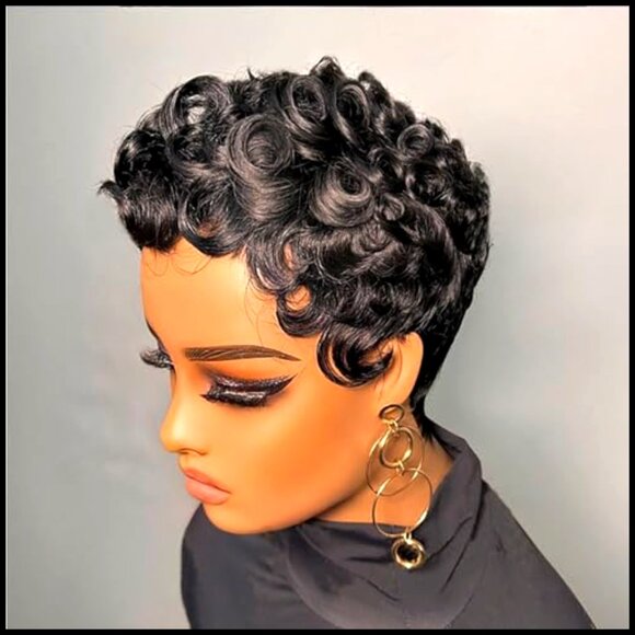 Short Layered Human Hair Wig Glueless with Bangs Pixie Cut Classic